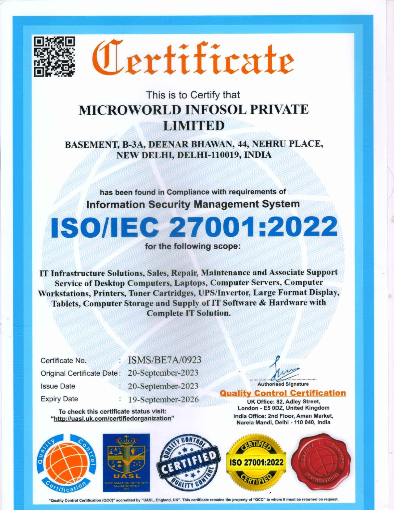 Microworld Infosol's certificate for Information Security Management System showcasing excellence and commitment to quality in products and services
