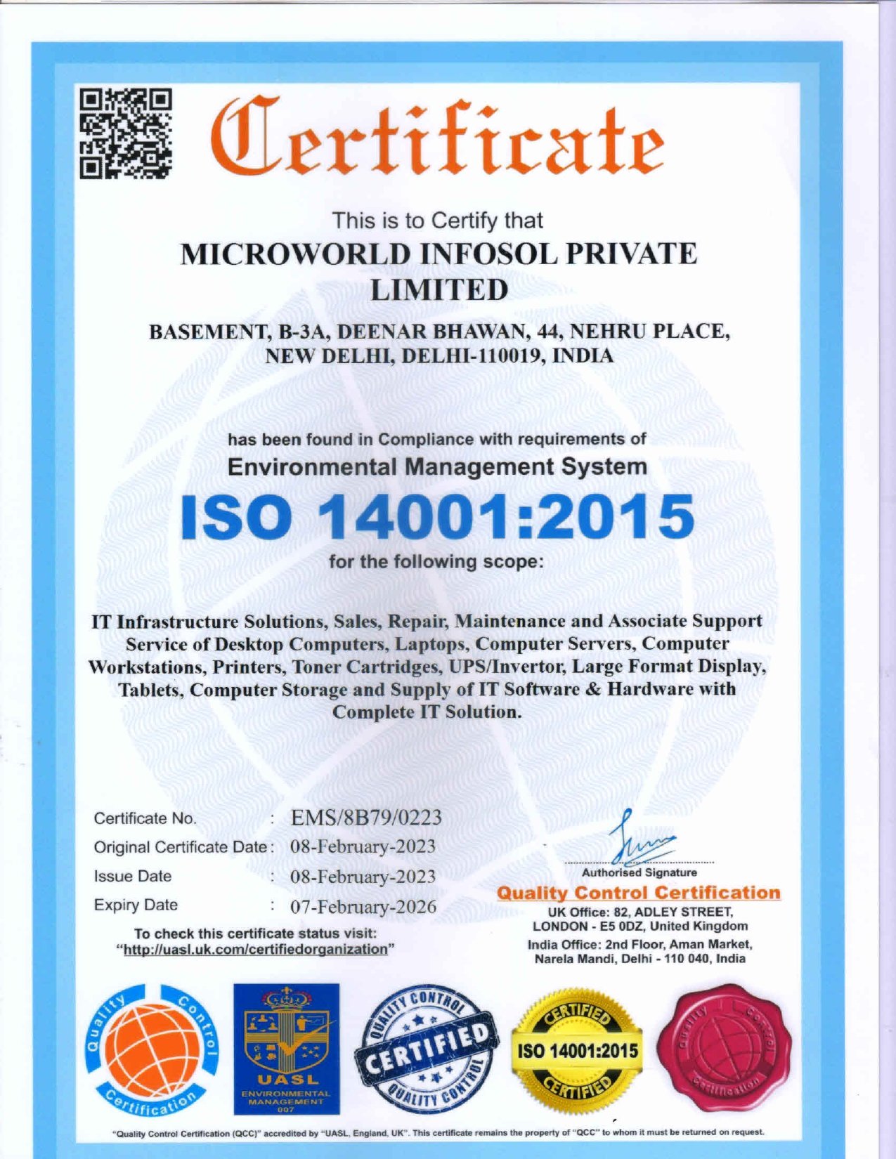 Microworld Infosol's prestigious certification for excellence for Environment Management System, highlighting our commitment to quality products and services.