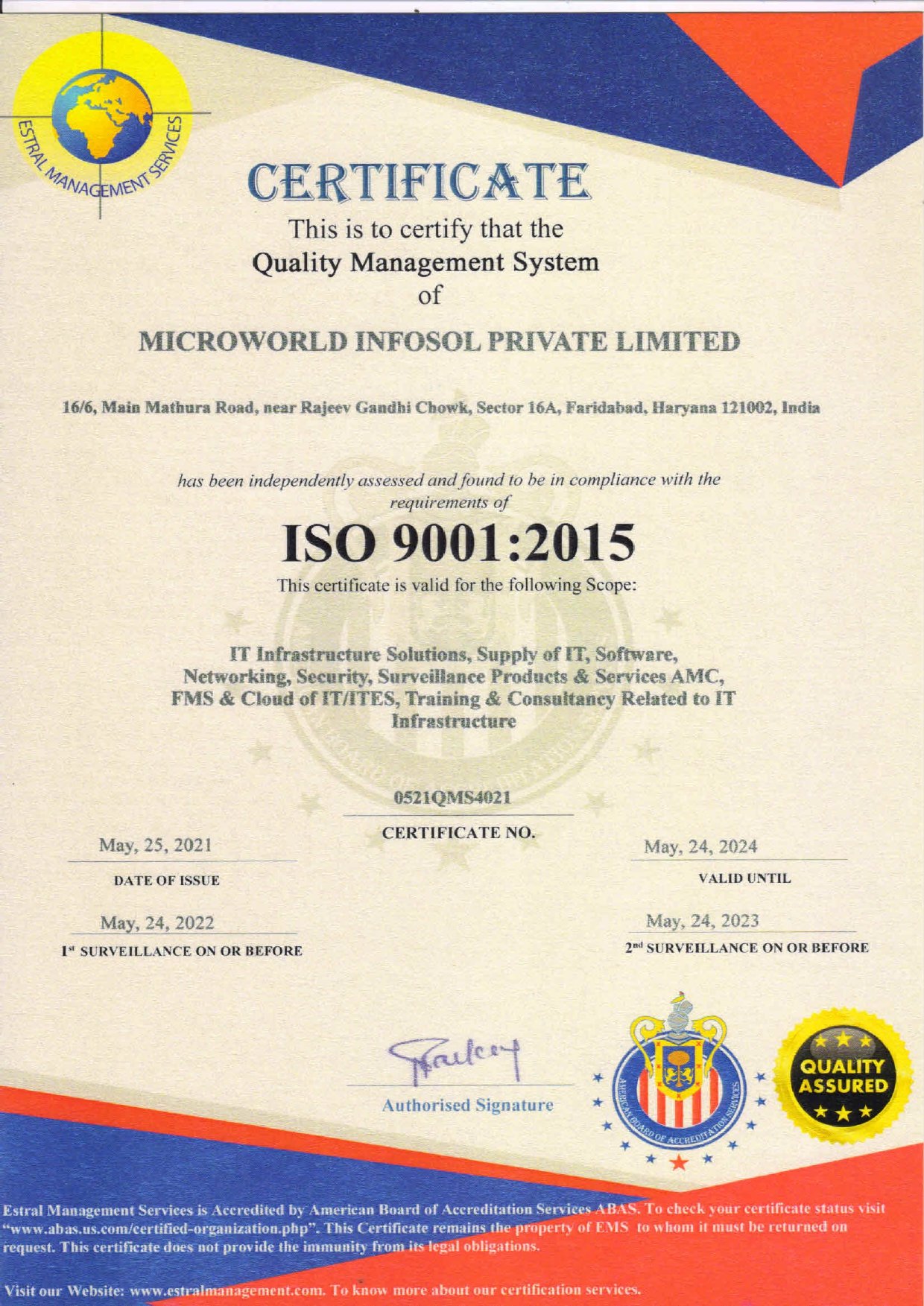 Certificate of Excellence on  awarded to Microworld Infosol for Quality Management System, showcasing commitment to quality and excellence.