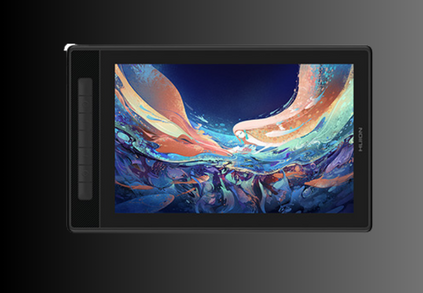 A digital artist using a Huion pen display tablet to create intricate designs with precise stylus control