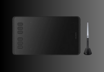 Graphic tablet with a stylus pen from Huion, placed on a white background, showcasing sleek design and functionality