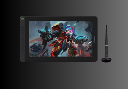 HUION drawing tablet with a stylus, featuring a sleek design, displayed on a wooden desk with a computer setup