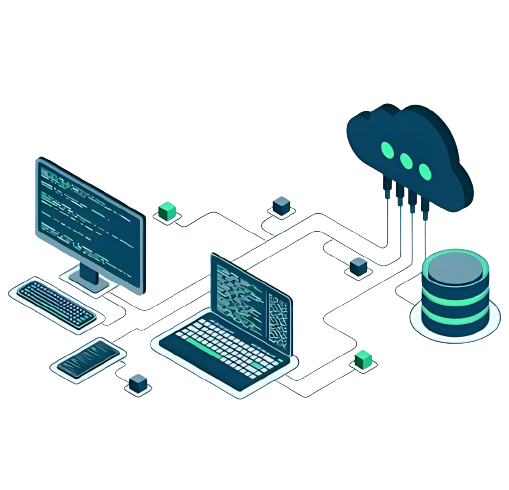 Abstract illustration of Infrastructure & Data Center Solutions, featuring interconnected network icons and server racks.