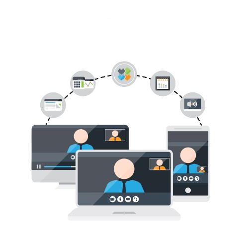 Advanced video conferencing and surveillance technology illustrated with digital devices and network icons.