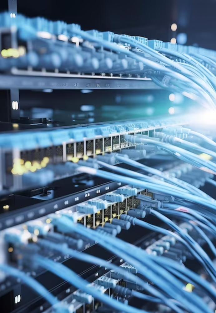 Network infrastructure setup with servers and cables, symbolizing connectivity and technology advancement