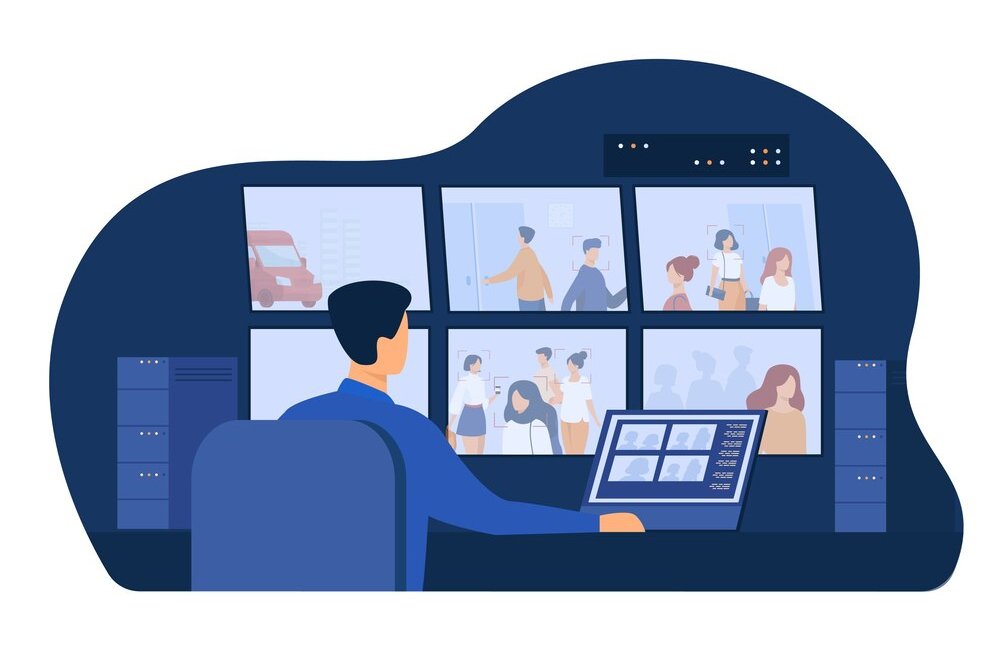 Illustration showcasing advanced digital surveillance technology with interconnected devices and data analytics.