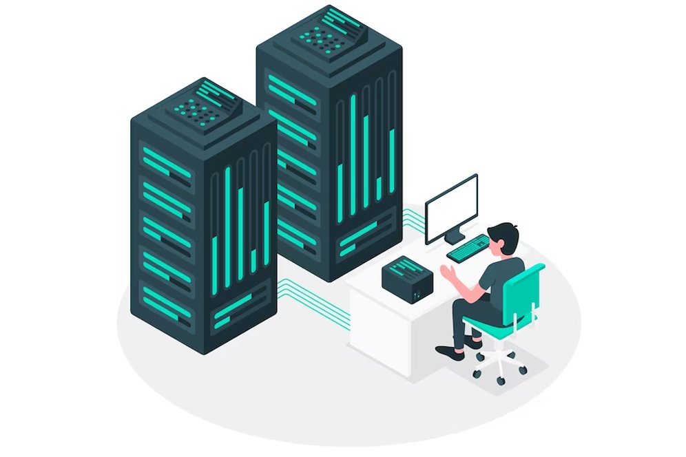 Modern IT infrastructure with servers, cables, and networking equipment in a high-tech data center environment.