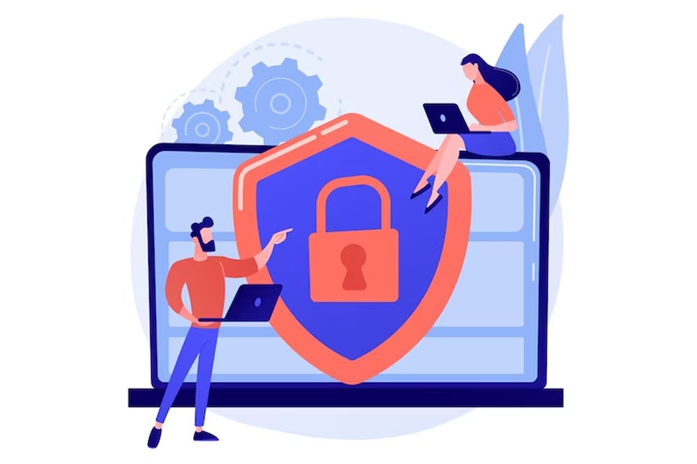 Illustration of IT security concepts including firewall, encryption, and secure access in a digital environment