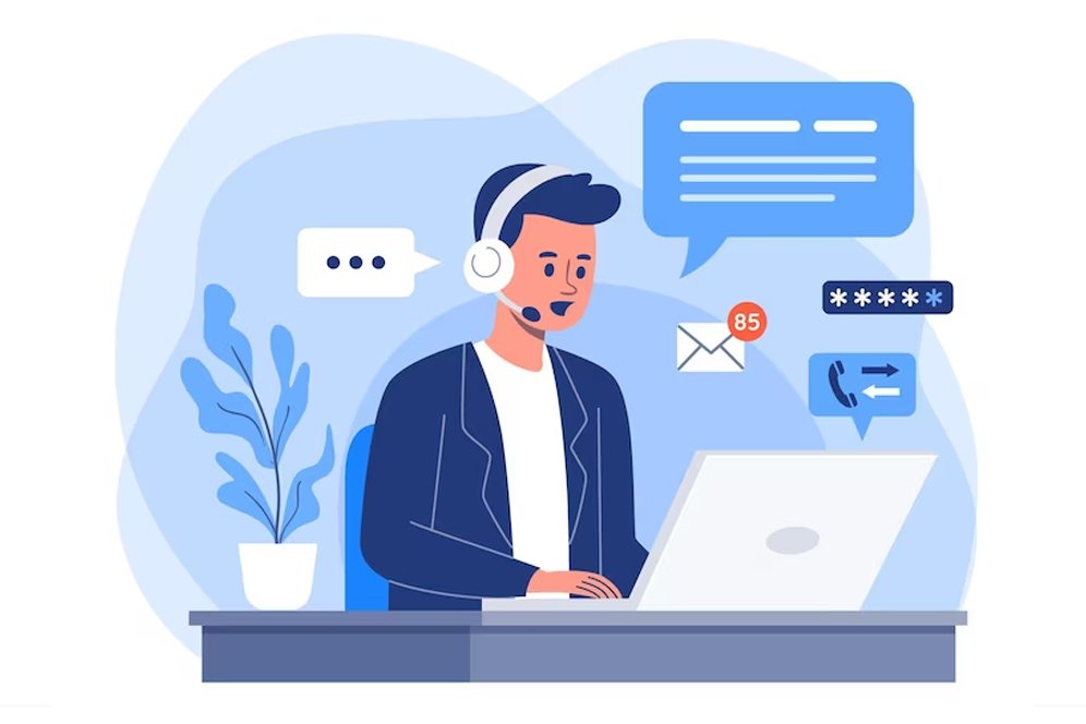 Modern services desk illustration with digital devices and icons, symbolizing efficient customer support.