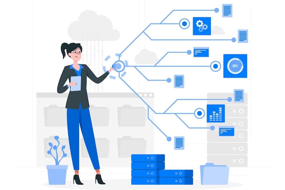 Illustration depicting technology migration with various digital icons and arrows indicating the flow and transition.