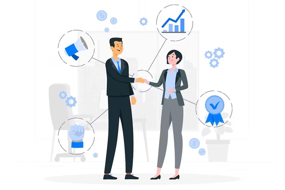 Efficient vendor management illustrated with people collaborating around a digital interface